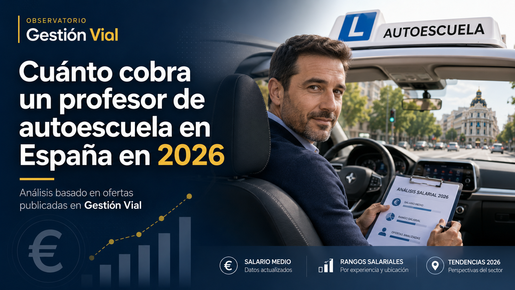 Profesor de autoescuela revisando condiciones de una oferta de empleo