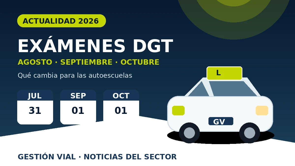 Calendario de exámenes DGT de julio, septiembre y octubre de 2026 junto a un coche de autoescuela